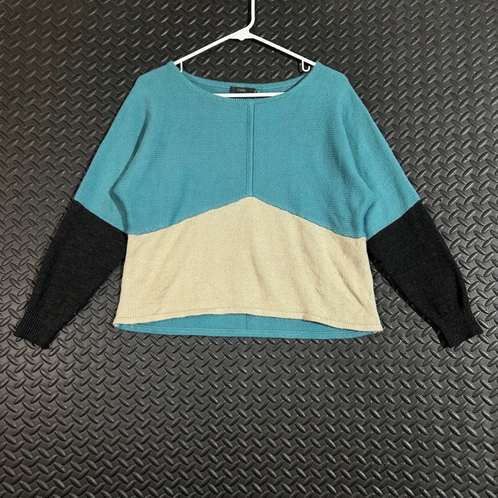THML Color Block Knit Sweater Turquoise Beige Black Long Sleeve Women's Size XS